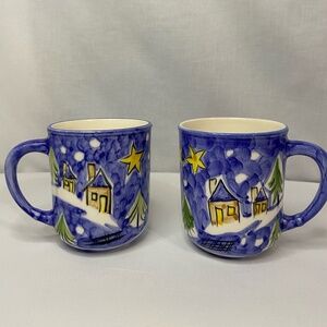 Pair of Blue Glossy Portugal Folk Art Ceramic Mugs Whimsy Winter Scene Christmas